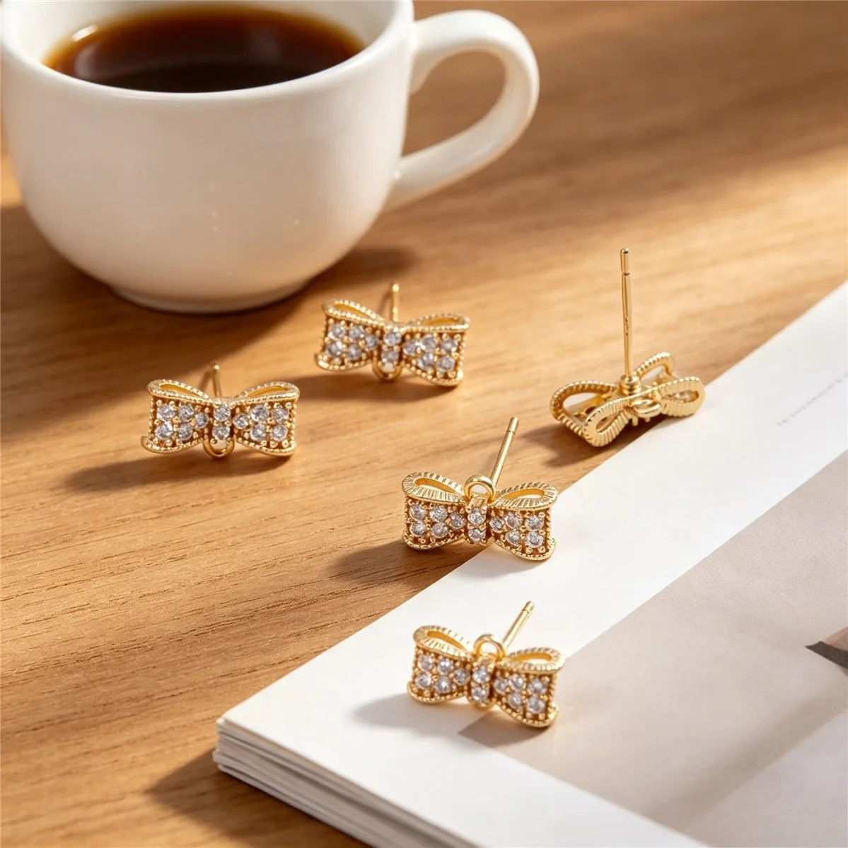 Brass Gold Plated Micro Pave Zircon Bow Stud With Hanging Loop DIY Handmade Dangle Ear Jewelry Findings