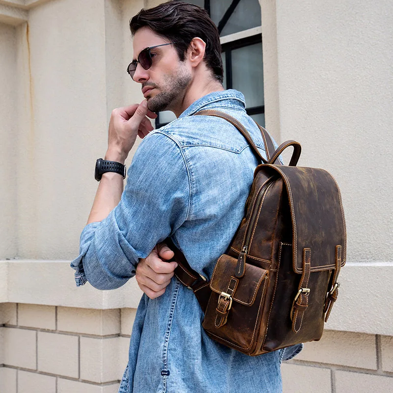 Crazy Horse Leather Backpack for Men, Vintage Rucksack with Spacious Compartment, Unisex Genuine Cowhide Daypack for Travel