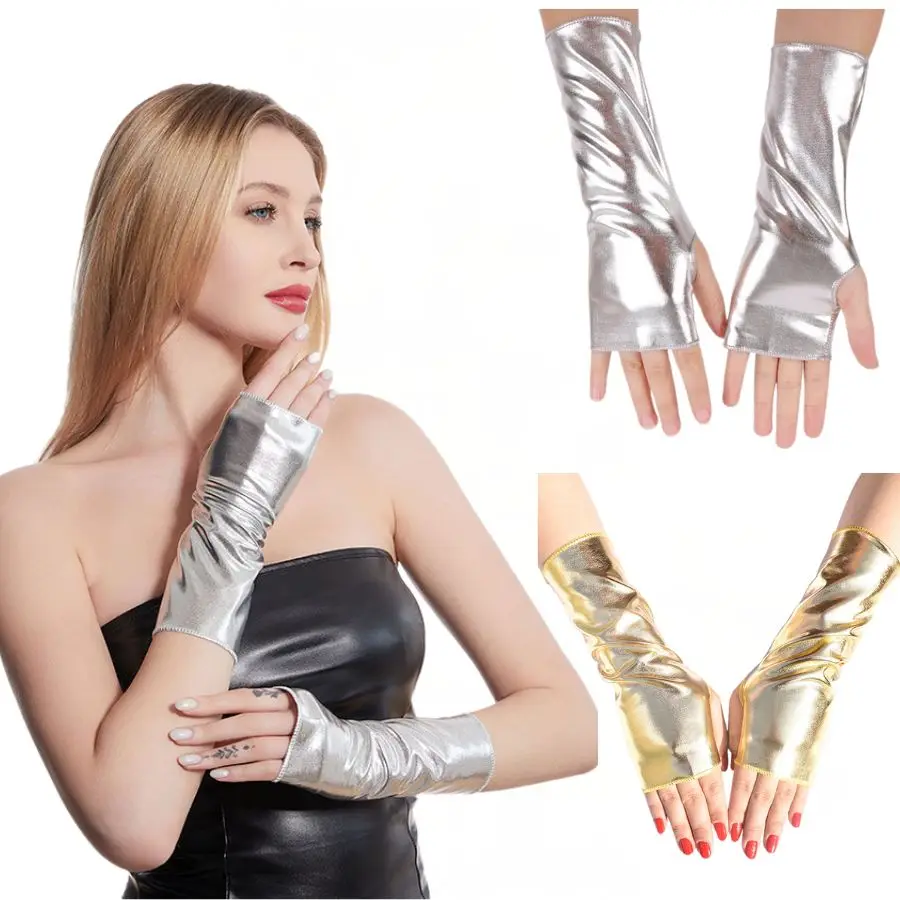 

Leather Fingerless Gloves Gold Black Silver Red Women Men Party Show Gloves Short Hip Hop Style PU Half Finger Gloves Mittens
