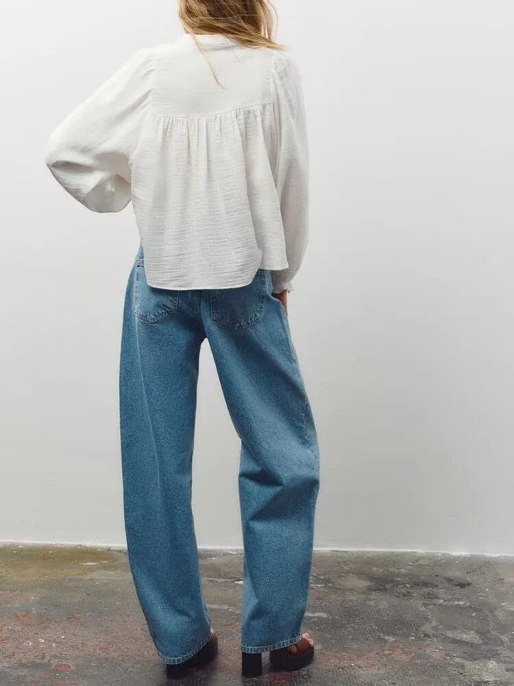 

Comfortable Embroidered Casual Long Sve V-Ne Spring New Women's irt Versatile Cotton Top for Busin Commute