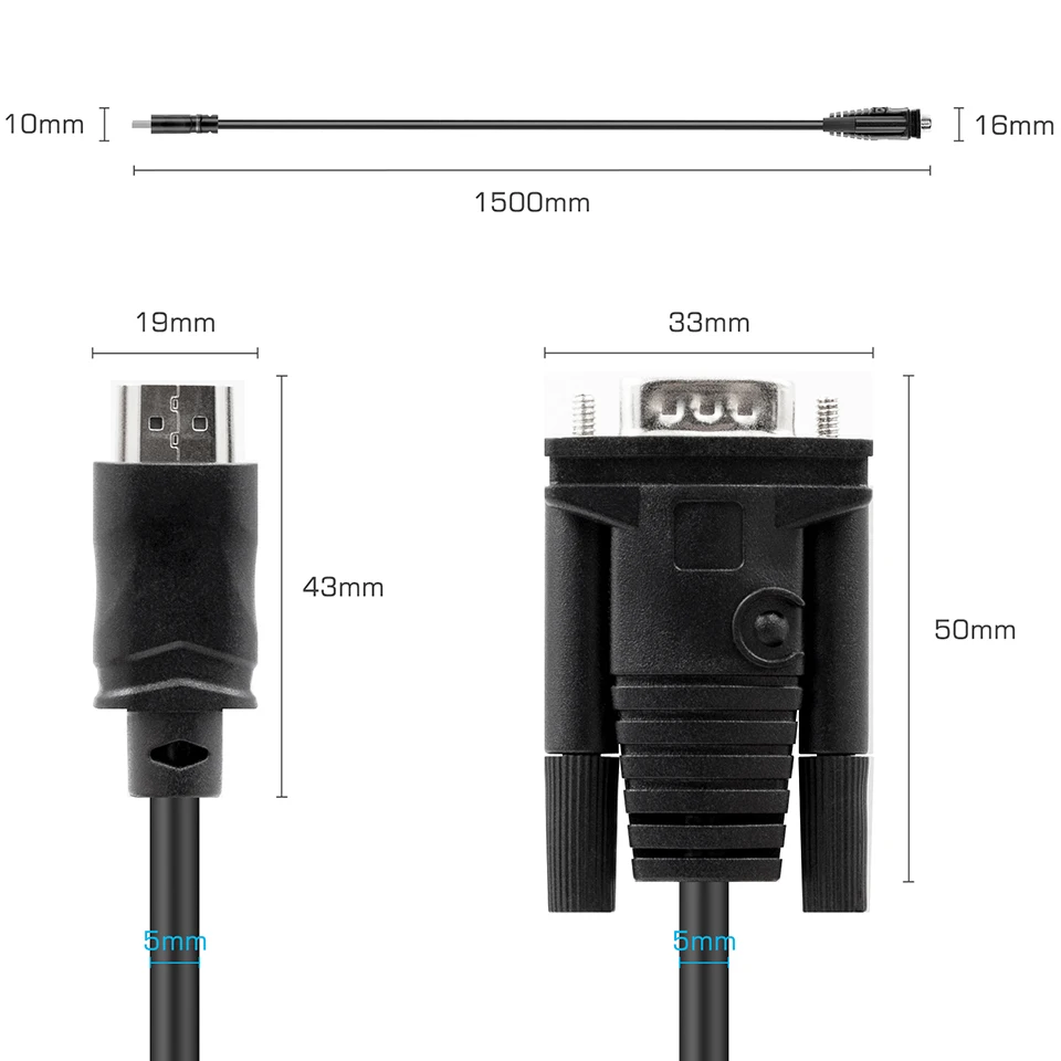 HDMI to VGA cable for PC, desktop, laptop, computer, monitor, projector, HDTV, Raspberry Pi, Roku, male to male, 150cm Black