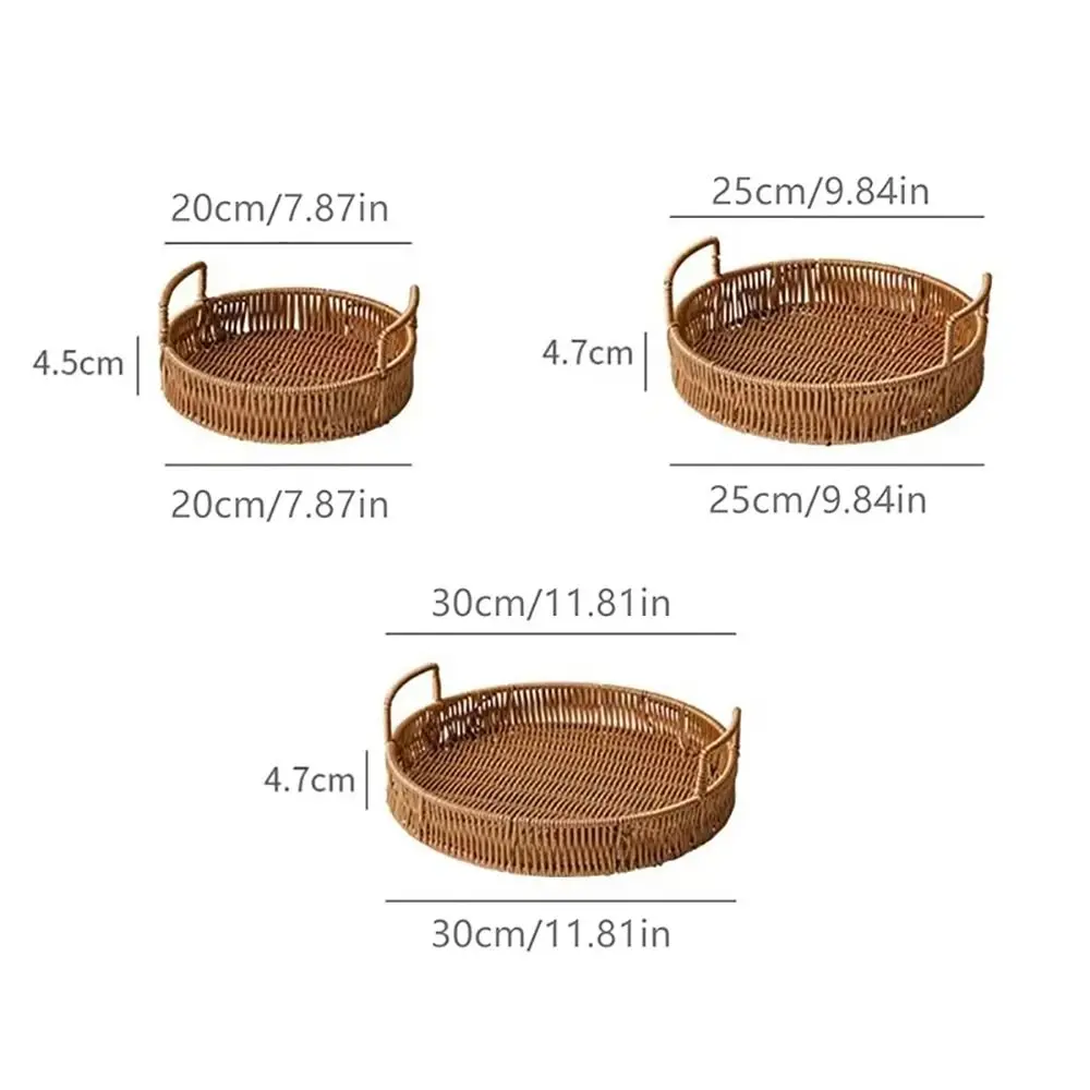 1Pcs Round Shape Handwoven Rattan Basket with Double Ears Plastic Imitation Wicker Rattan Storage Tray 20/25/30cm