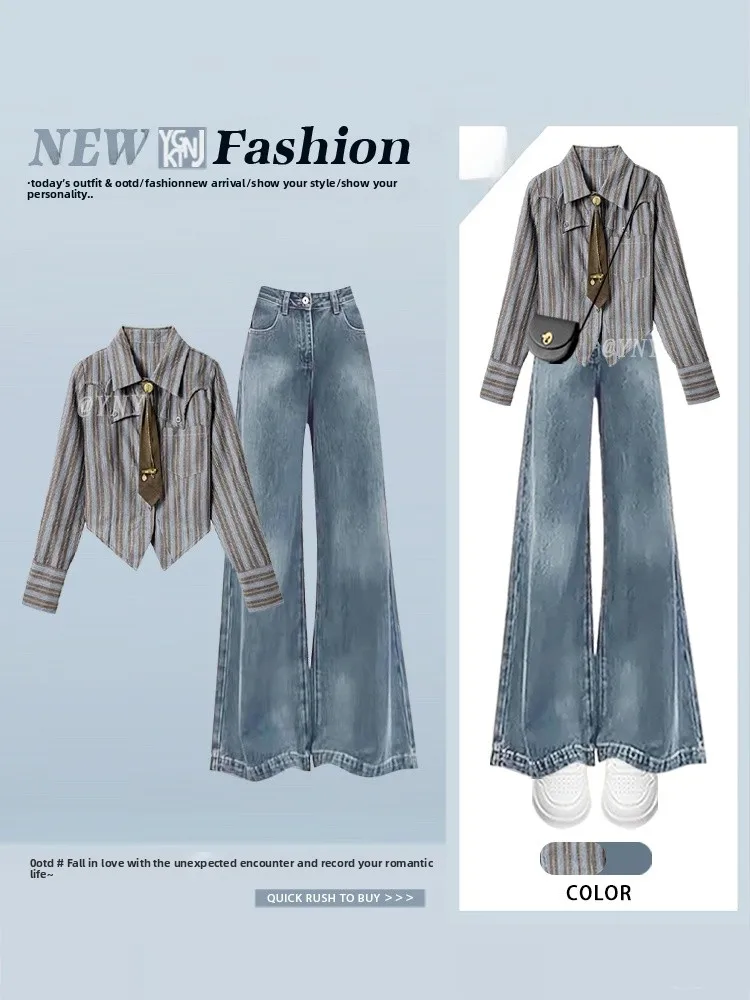 Conjunto de Dos Piezas de Camisa de Manga Corta y Jeans de Pierna Ancha para Mujer, Estilo Chic y Moderno, Corte Recto, Denim, Casual, con Rayas, para Otoño