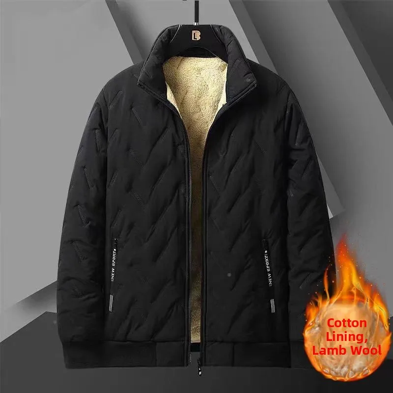 

Men's Thiened Fce Lined Stand Collar Jaet Autumn Winter Large Size Cotton Coat Warmth Polyester Fiber Zipper Closure