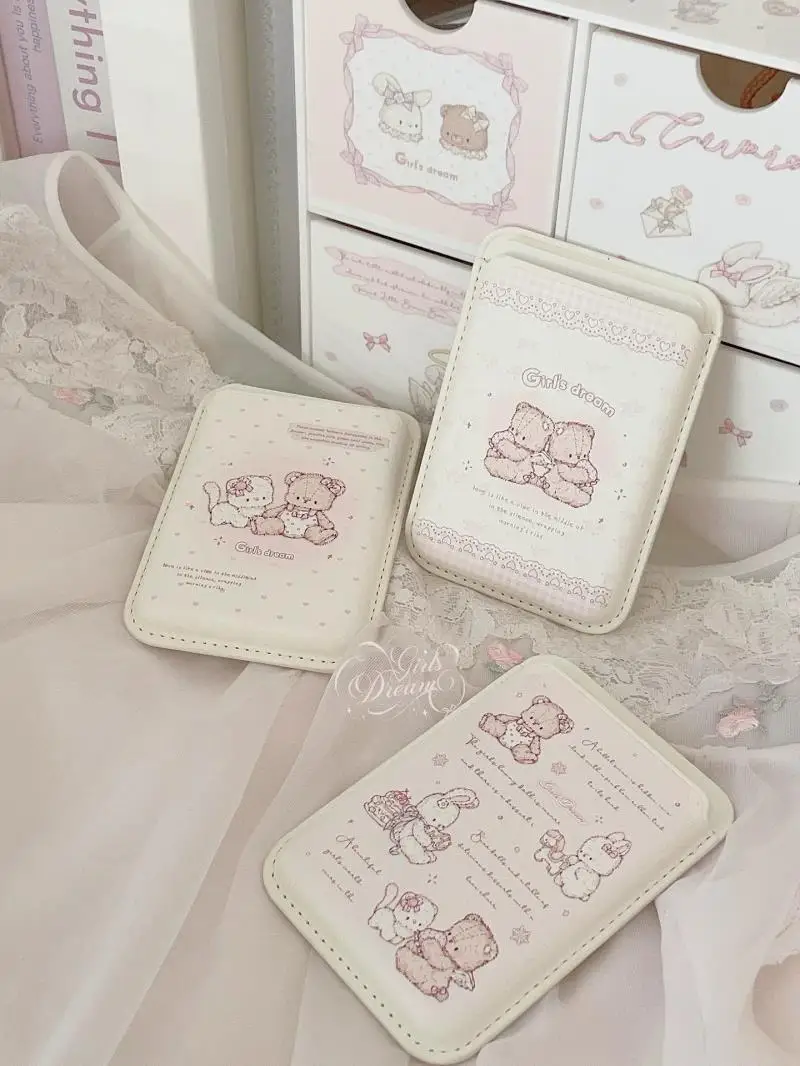 Korean Girl Rabbit Bear for Magsafe Card Holder for iPhone XIAOMI Samsung Phone Case Leather ID Subway Card Slot Accessories