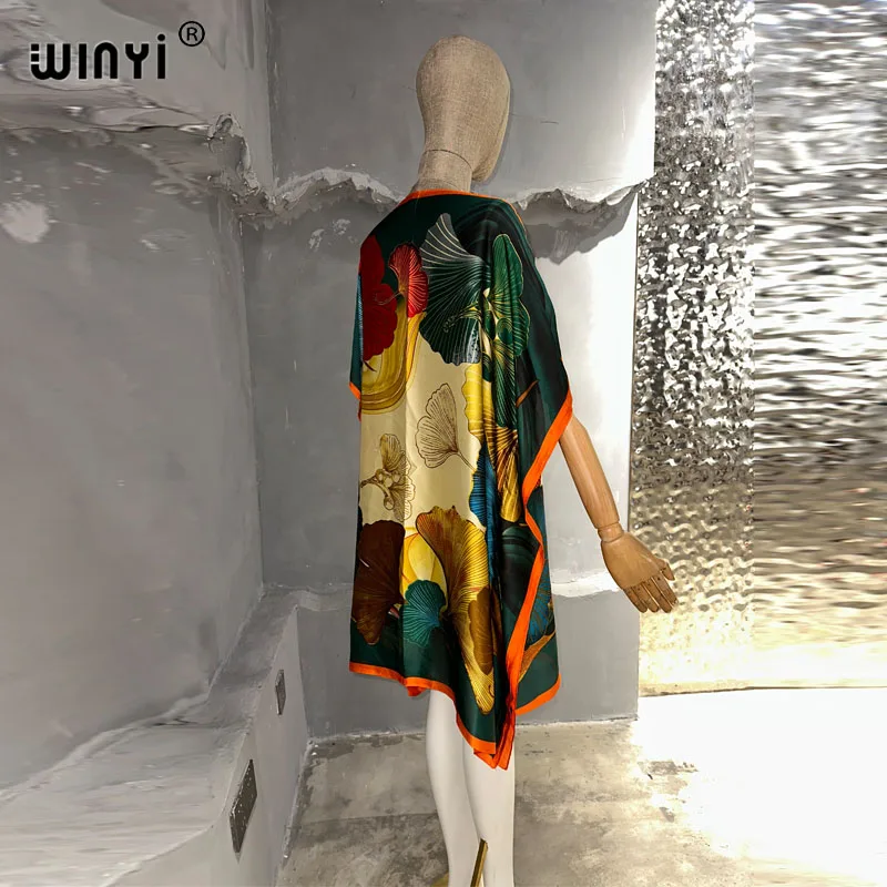 WINYI Boho fashion Print Women Beach Dress Bathing Suit Cover Up Summer For Woman Beachwear Robe de plage silk feeling Kaftan