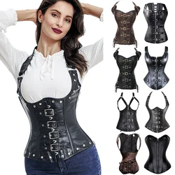 Corsé Steampunk de cuero Sexy para mujer, corsé deshuesado de acero, corsé por encima del busto con cordones, chaleco Ceñidor de cintura, corsés negros de talla grande 6XL