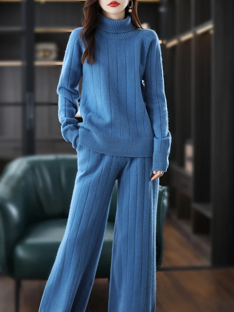 Fashion Suit 2024 Autumn Winter New 100% Wool Knitted Sweater Women Tops And Wide Leg Pants Two-Piece Female Thicken Suits