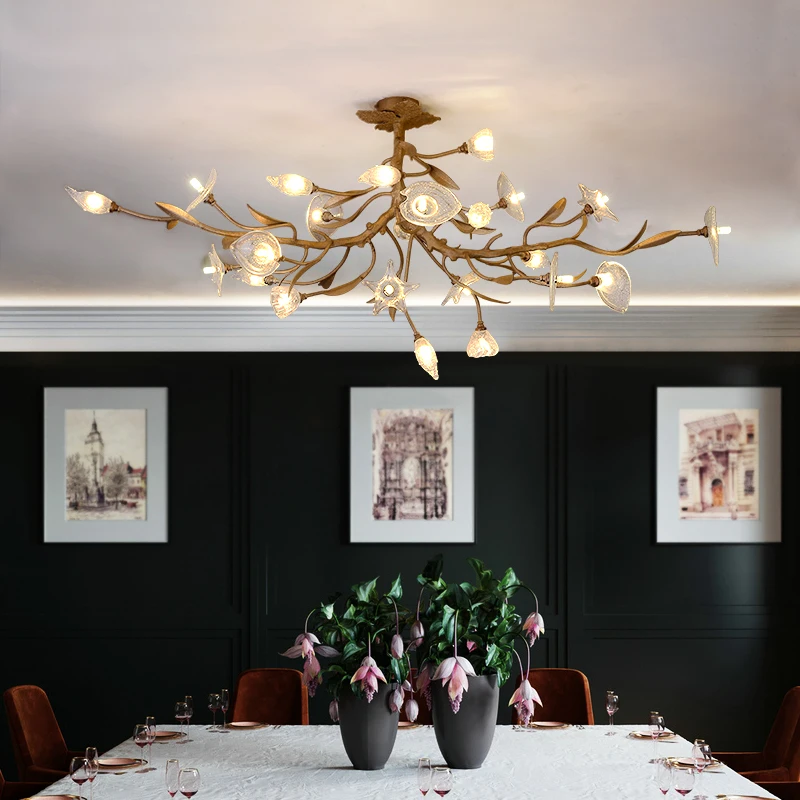 YIYINGART Postmodern living room chandelier villa crystal dining room lamp copper study tea room bar table flower chandelier