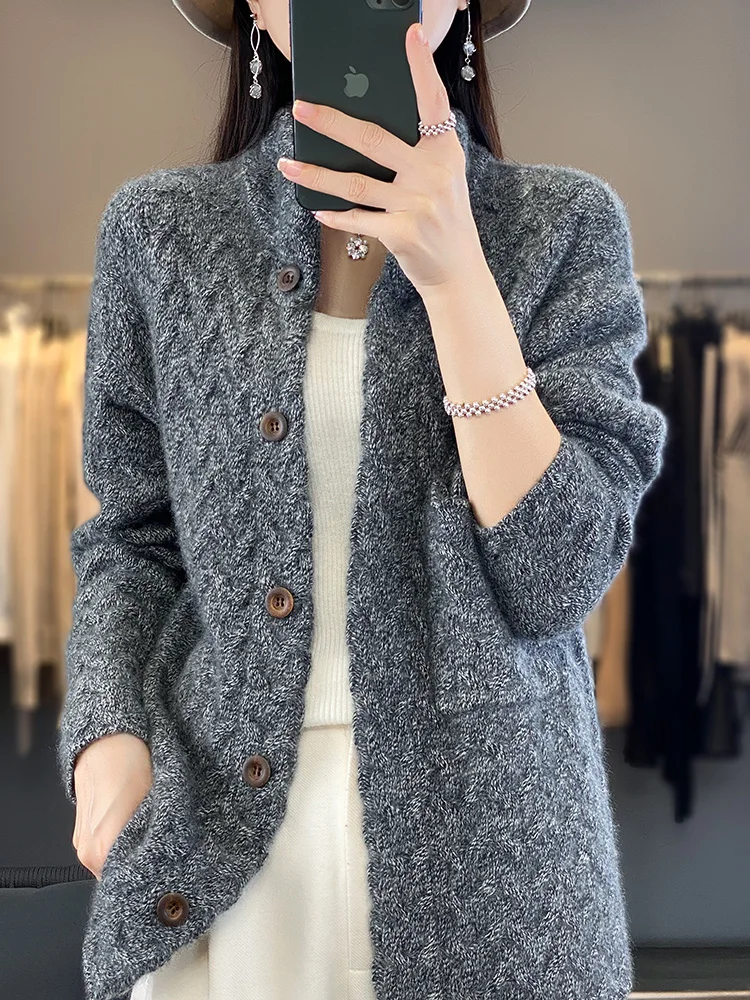 New 100% Merino Wool Women Cardigan Autumn Winter Solid Color Sweater Twist Flower Soft Cashmere Turn down collar Knitted Top