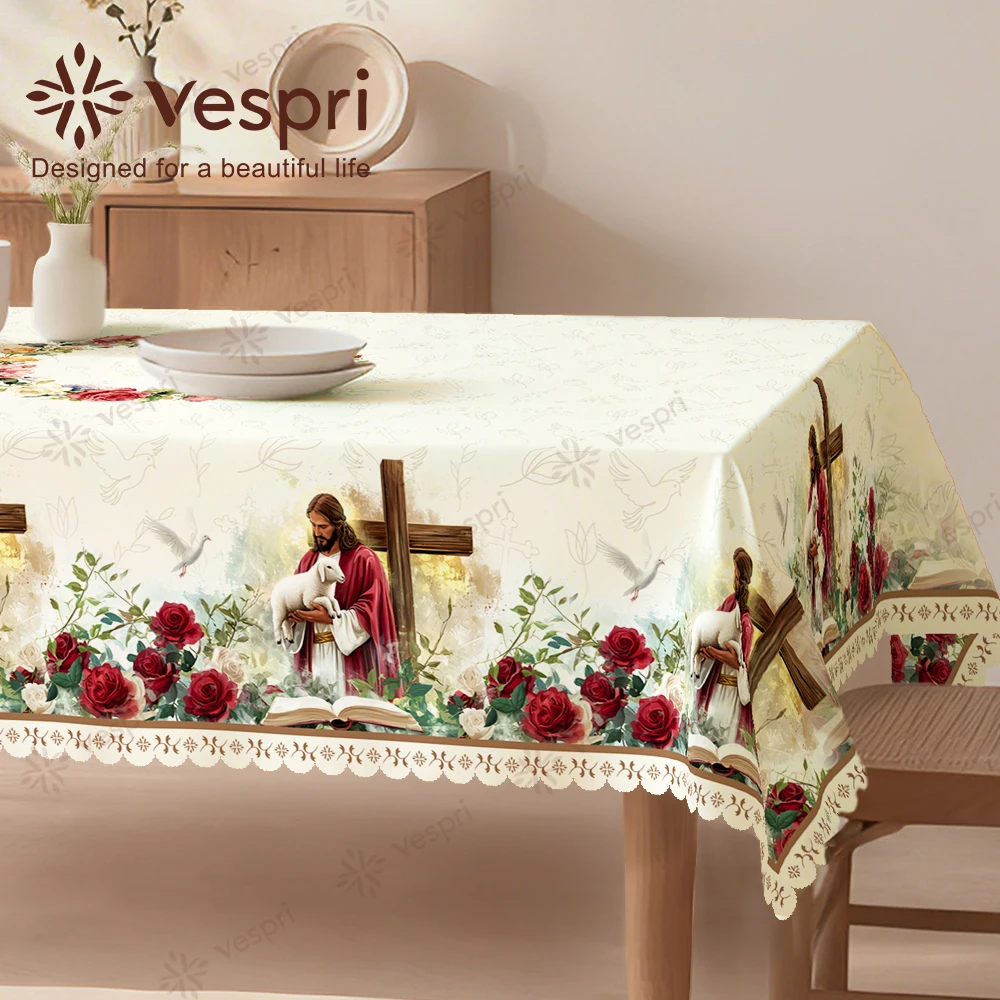 

Скатерть Vespri для Пасхального стола, белая с зелеными цветами, голубятинами и изображением Иисуса, круглая, прямоугольная, овальная, из полиэстера, для ресторанов, вечеринок, фестивалей