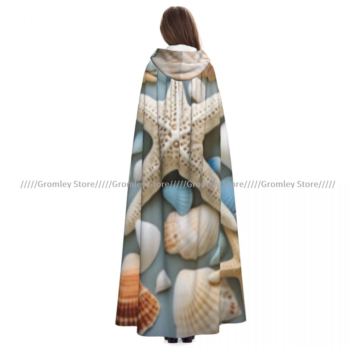 Adult Coastal Accents Starfish And Seashells Cloak Cape Hooded Medieval Costume Witch Wicca Vampire Halloween Costume Dress Coat