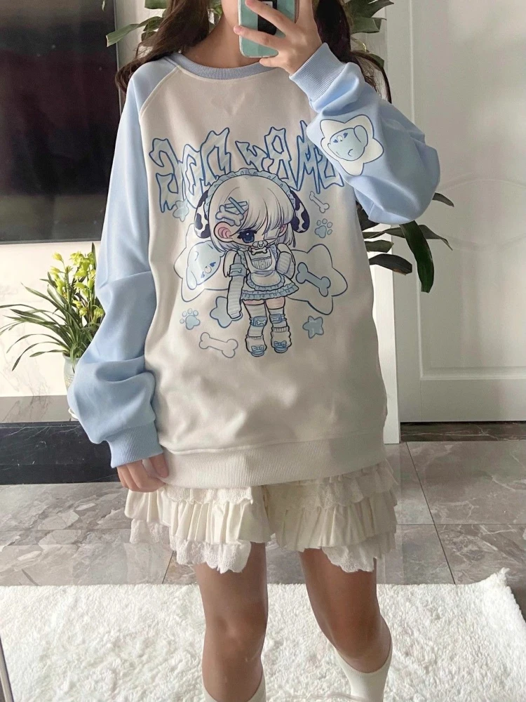 Japanese Cartoon Printing Vintage Hoodie Women Causal Loose Oversized Grunge Sweatshirts Harajuku 2024 Autumn Preppy Style Tops