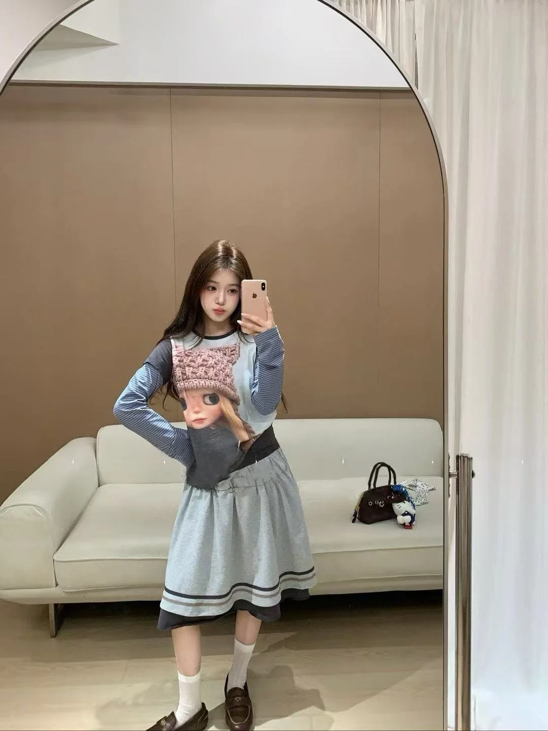 

Sweet Cool Girl Fake Two-Piece Striped Patchwork Long Sleeve T-Shirt Cartoon Doll Print Top Moisture Wicking Cotton round Neck