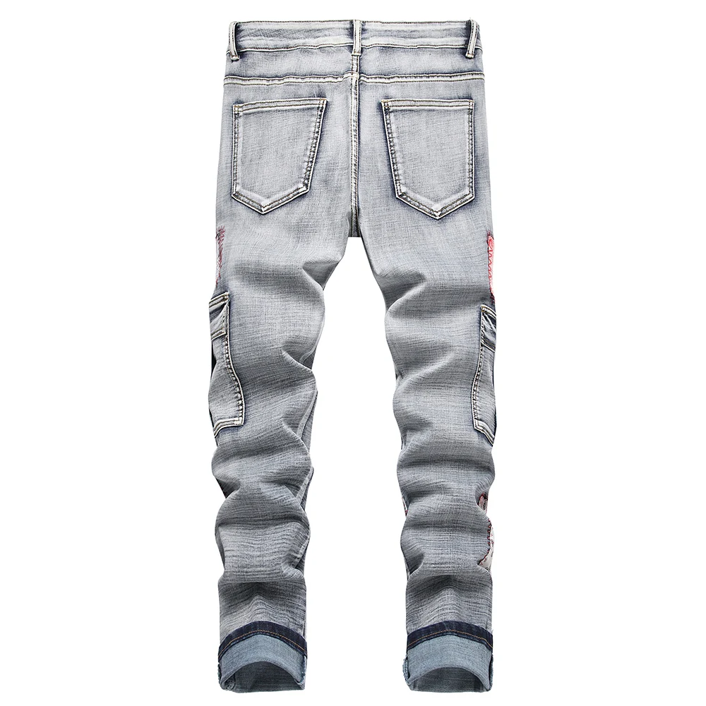 Men's Multi Pockets Cargo Jeans Bandanna Paisley Patch Embroidery Denim Pants Letters Bandana Gray Cotton Stretch Trousers