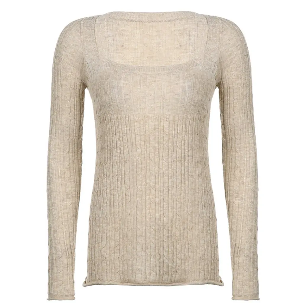 

Women's Knitted Sweater Retro Low-Cut Square Collar Twist Design Khaki Wool Top Spring Fashion Trend