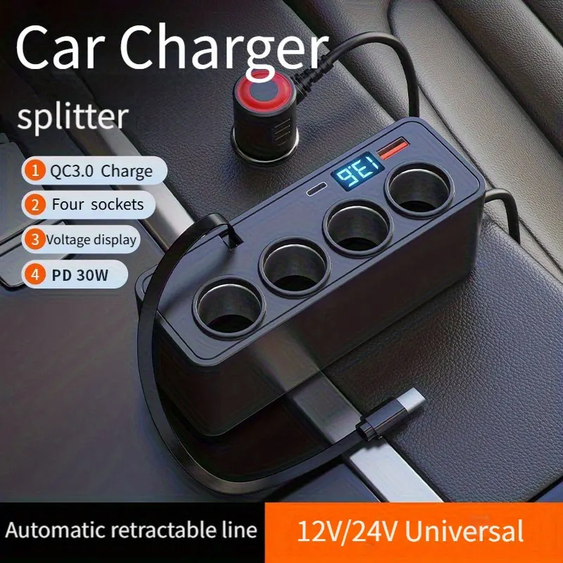

Новое обновленное автомобильное зарядное устройство USB, зарядное устройство с выдвижным кабелем 120 Вт, автомобильный разветвитель 12 В/24 В, выдвижной зарядный кабель типа C макс. 70 см.