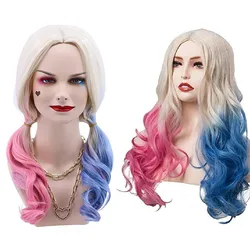 Halloween Women Quinn Cosplay Wig Red and blue Ponytails Styled Braid Hair Lady Costume