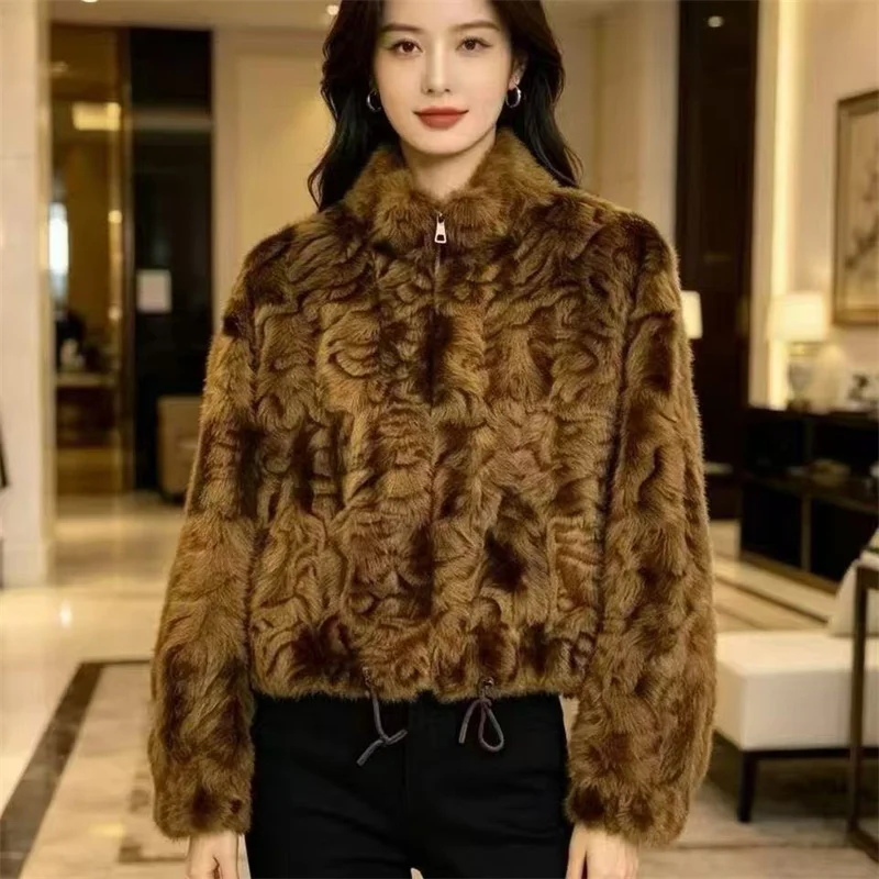 Women Imitation Mink Fur Overcoat High-end Mink Fur One-piece Stand Up Collar Fur Coat Thickened Warmth Short Winter Jacket 2026