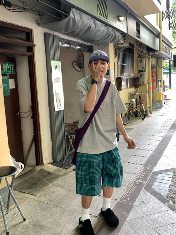 

Ретро-японские синие клетчатые брюки-бермуды для мужчин, летние, свободные, прямые, повседневные, до колена, молодежные, для активного отдыха