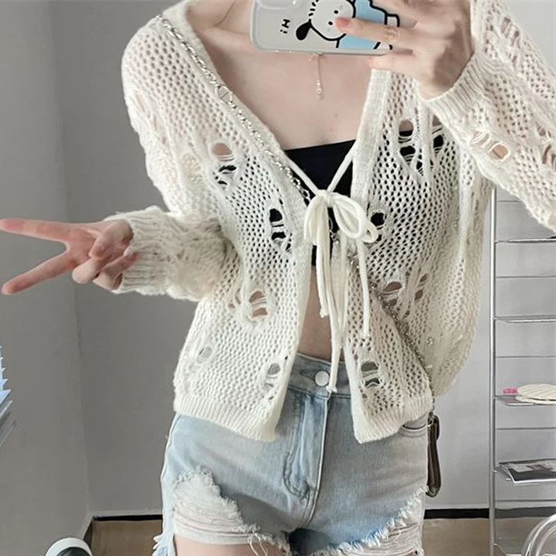 Women\'s Clothing Trendy Sexy Hollow Lace Up Solid Knitted Cardigan Female Simple Casual Sweet V Neck Long Sleeve Y2K Smock Tops