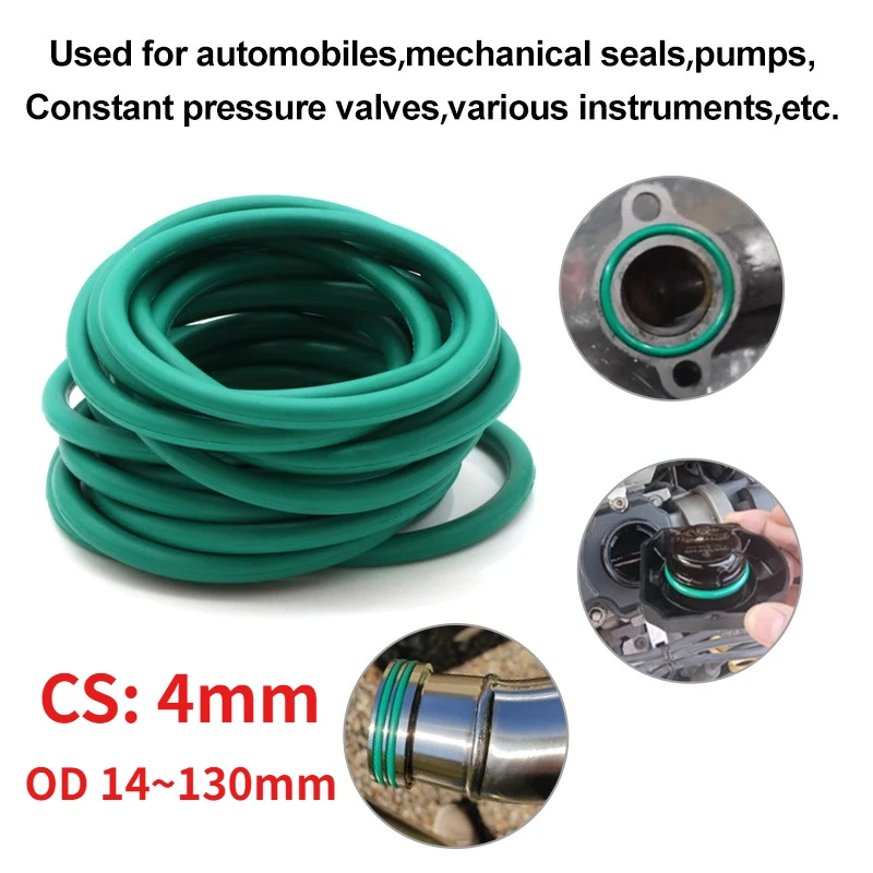 

10 ~ 200Pcs Green FKM O Ring CS 4mm OD 14~130mm Oil Resistant High Temperature Resistance Fluorine Rubber Insulated Seal Gasket