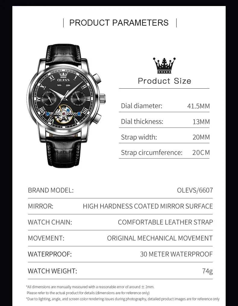 OLEVS TOP Brand Automatic Mechanical Watches Men Luxury Skeleton Flywheel Stainless Steel Waterproof Business Wristwatch 6607