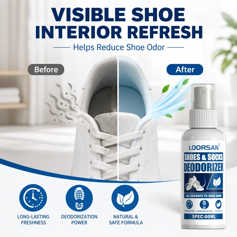 LOORSAN Long Lasting Shoe Deodorizer Spray 60ML Fast Odor Elimination Footwear Freshener for Sneakers Boots Leather Shoes