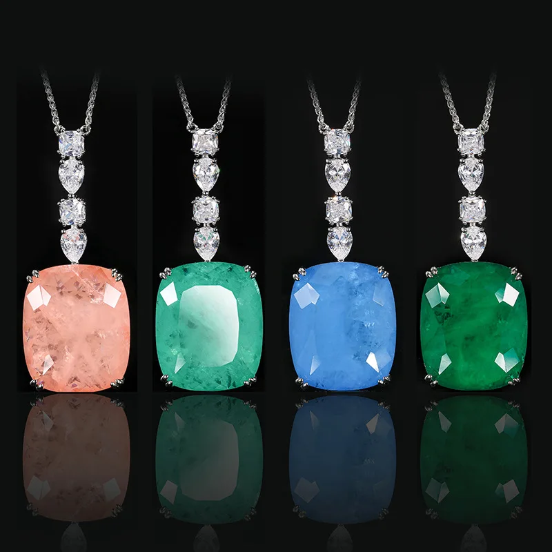 

Luxury Cushion Cut Big Stone Pendant Necklace Emerald Blue Pink Green Gemstone Drop Necklace for Women Statement Jewelry Gift