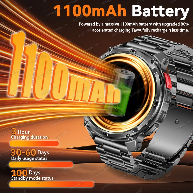 2026 جديد في الهواء الطلق 1100mAh بطارية كبيرة SmartWatch الرجال GPS Trackr البوصلة مصباح يدوي مقاوم للماء بلوتوث دعوة الرياضة Smartwatch