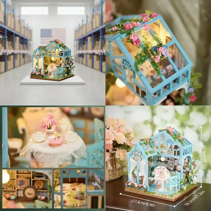 IIECREATE US Warehouse Miniature House Kit Doll House 3D Wooden Puzzle with LED Light Flower Room for Adults Drop Shipping