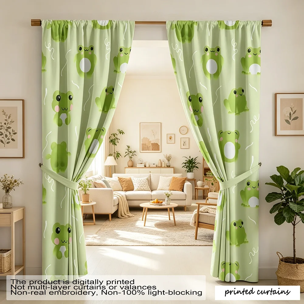 2-piece set of cute frog printed curtains, bedroom insulation semi blackout window screen fabric, machine washable polyester fib