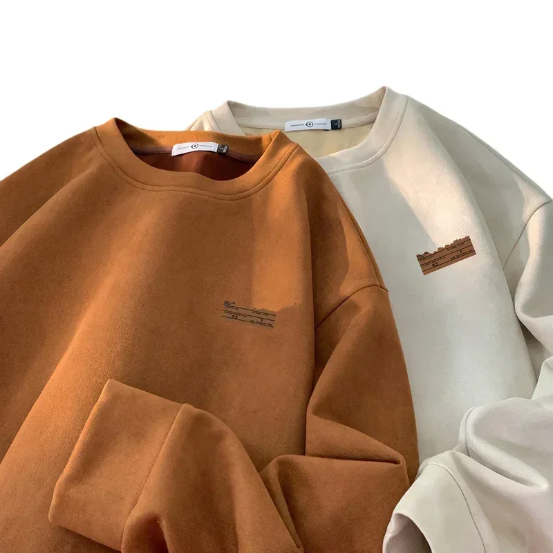 TFETTERS 2026 Suede Sweatshirt Mens Autumn Winter New Retro Japan Pullover Long Sleeve Letter Streetwear O Neck Clothes for Men