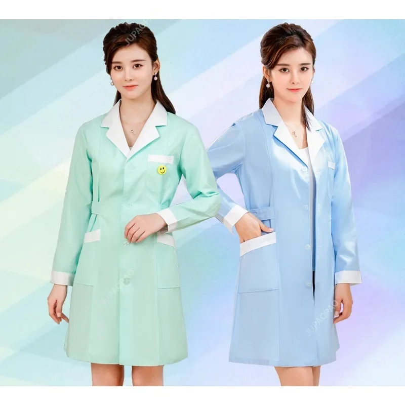 

Women's Lab Coat Fashion Medical Uniforms Long Jacket with Side Belts Short Sleeve/long Sleeve Workwear Pharmacy White Coat