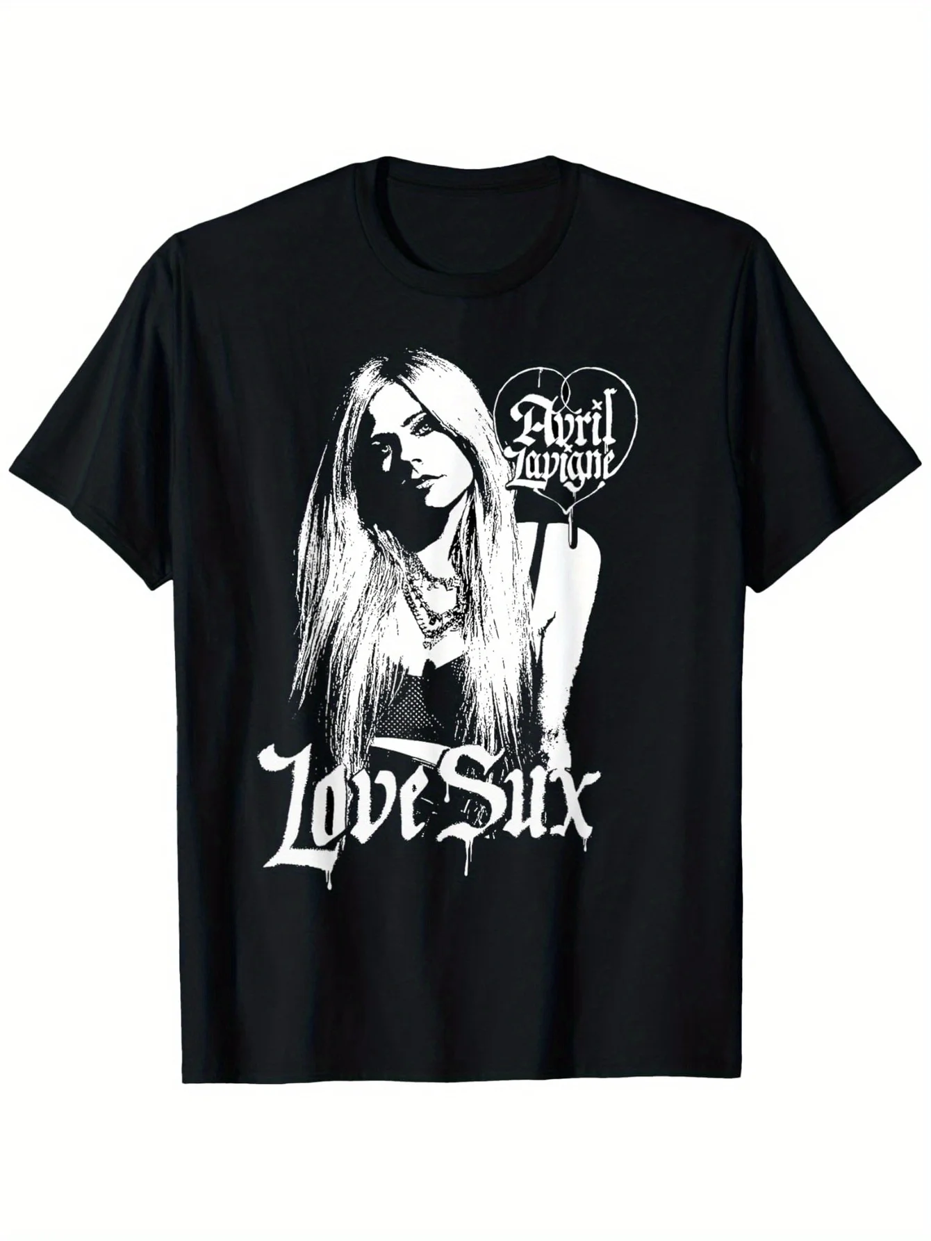 

Официальная футболка Avril Lavigne с рисунком «Love Suicid» — черная с белым портретом — женская футболка свободного покроя для концертов на каждый день