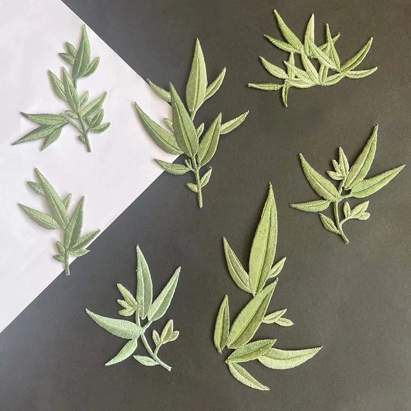 1 Stück, 7 Stück/Set/Grüne Pflanzen-Blumen-Stoff-Applikationen zum Aufbügeln, Bambusblätter-Blumenstickerei zum Aufbügeln für Kleidung – Detail 5