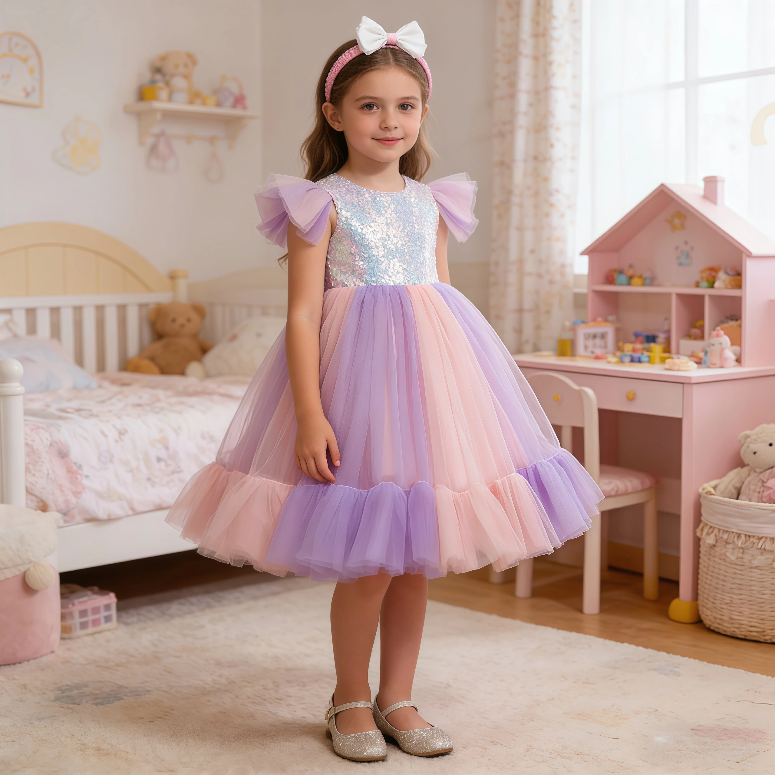 Kids Girls Flutter Sleeve Sequins Tulle Tutu Princess Dress For Children Birthday Ceremony Festival Party Performance Ball Gown