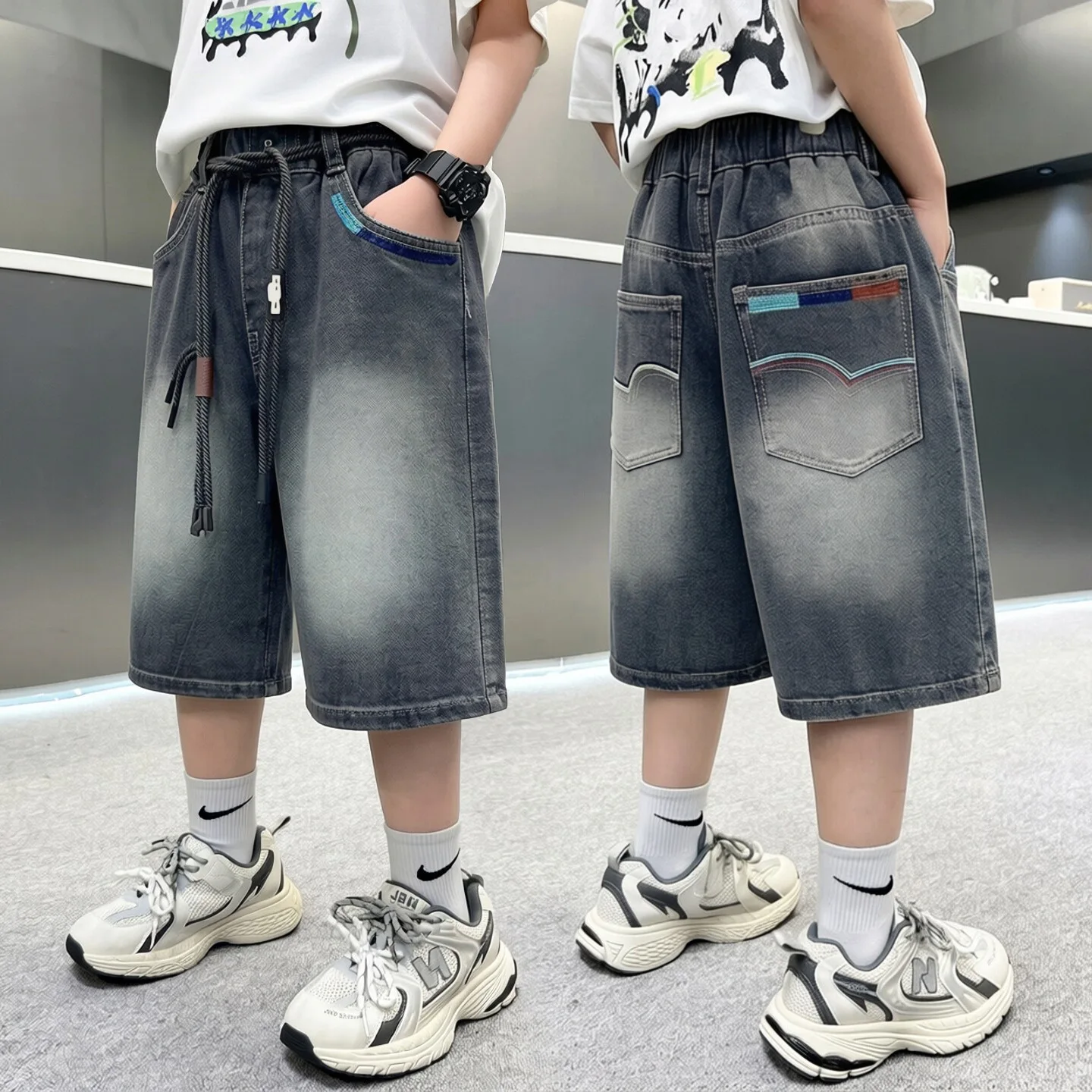 New Summer Boys' Gradient Denim Shorts Teen Childen American Streetwear Brand Short Pants Trendy Kids Casual Knee-Length Jeans
