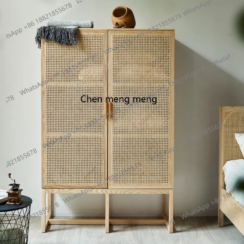 

Wabi Sandy Wind Solid Wood Rattan Dining Side Cabinet Home Living Room Vintage Storage Bedroom Clothes Storage Cabinet