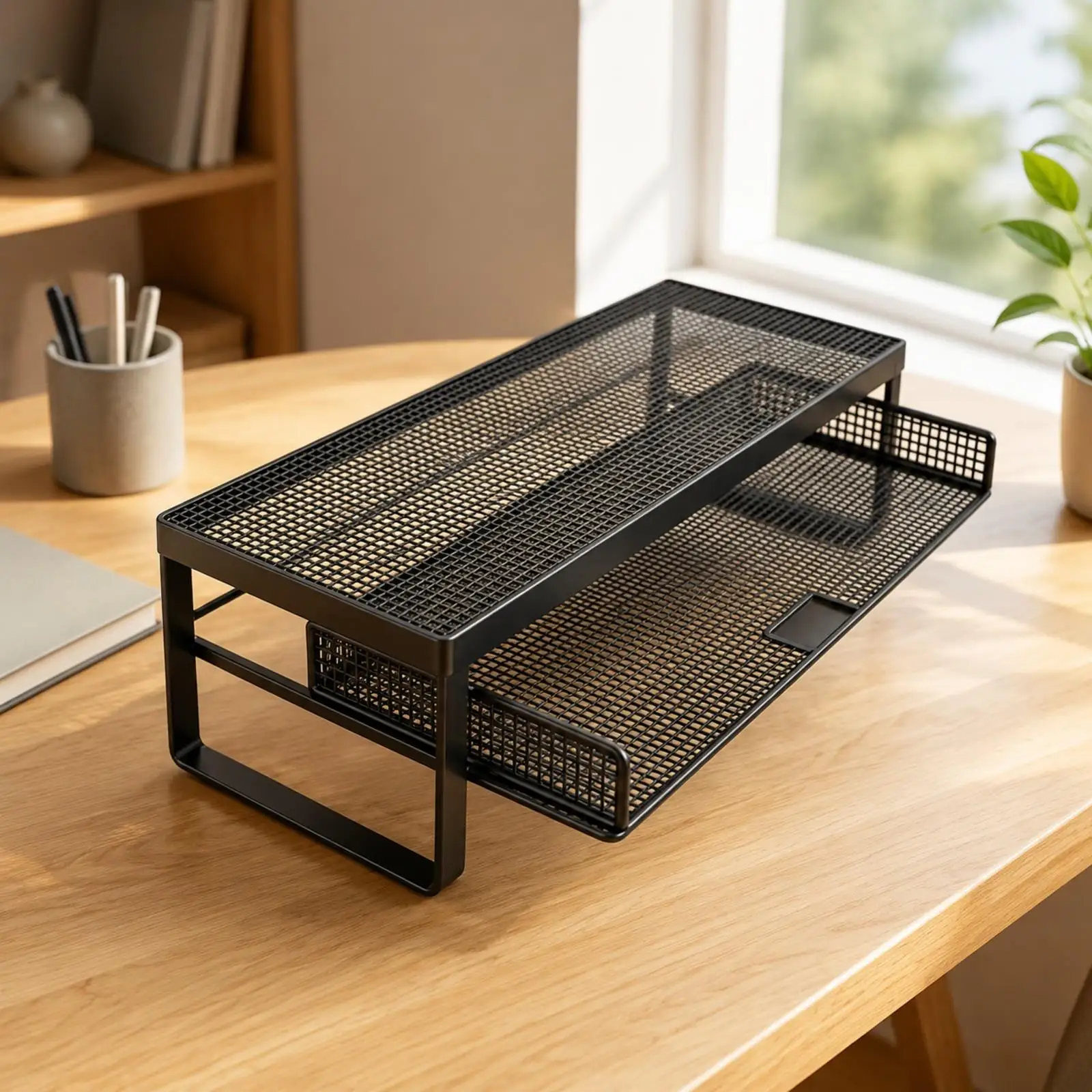 Elevated Mesh Laptop Stand with Keyboard Shelf Metal Holder for Clean Organized Workstation Home Study Use