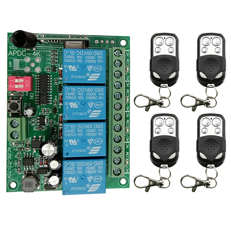 

Беспроводной 4-канальный релейный модуль-приемник 433 МГц 10А (EV1527) для двигателей постоянного тока, 12В/24В/36В/72В, для DIY-проектов