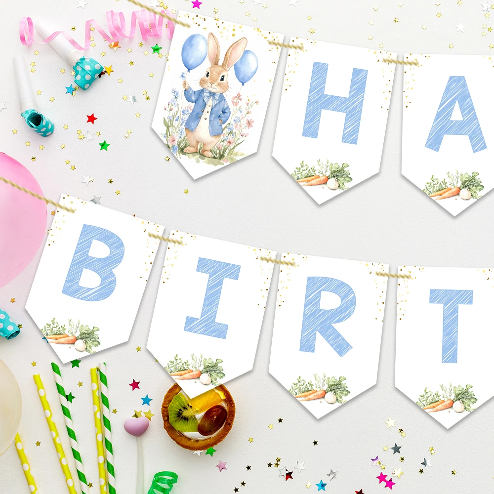 16-teiliges Peter Rabbit & Carrot Geburtstagsbanner-Set, einfach, Raumdekoration, Partyzubehör, Feiertagsfeiern, inklusive Schnur
