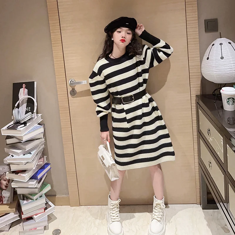 New Fashion Kids Long Knitted Sweater Dress female Girl Striped Knitwear One-piece Dress With Belt Teens Child Casual Streetwear image 5