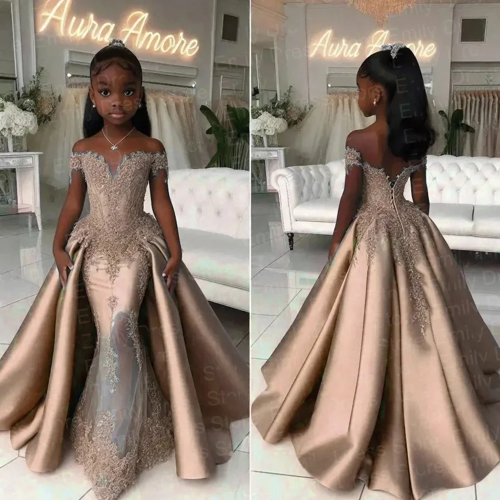 مخصص زهرة فتاة فستان الزفاف فستان عيد الميلاد الأول فستان حفلة قبالة الكتف الدانتيل حورية البحر الأميرة الاطفال فستان رسمي