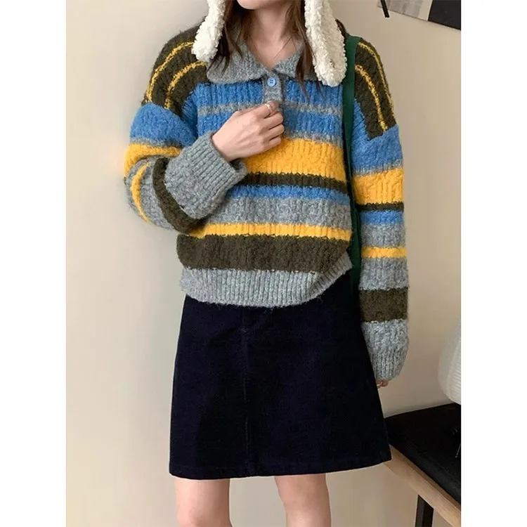 

Loose Casual Thiened Knitted Sweater Women's Autumn Winter Korean Sle Color Blo Striped Crew Ne Top for Ladies