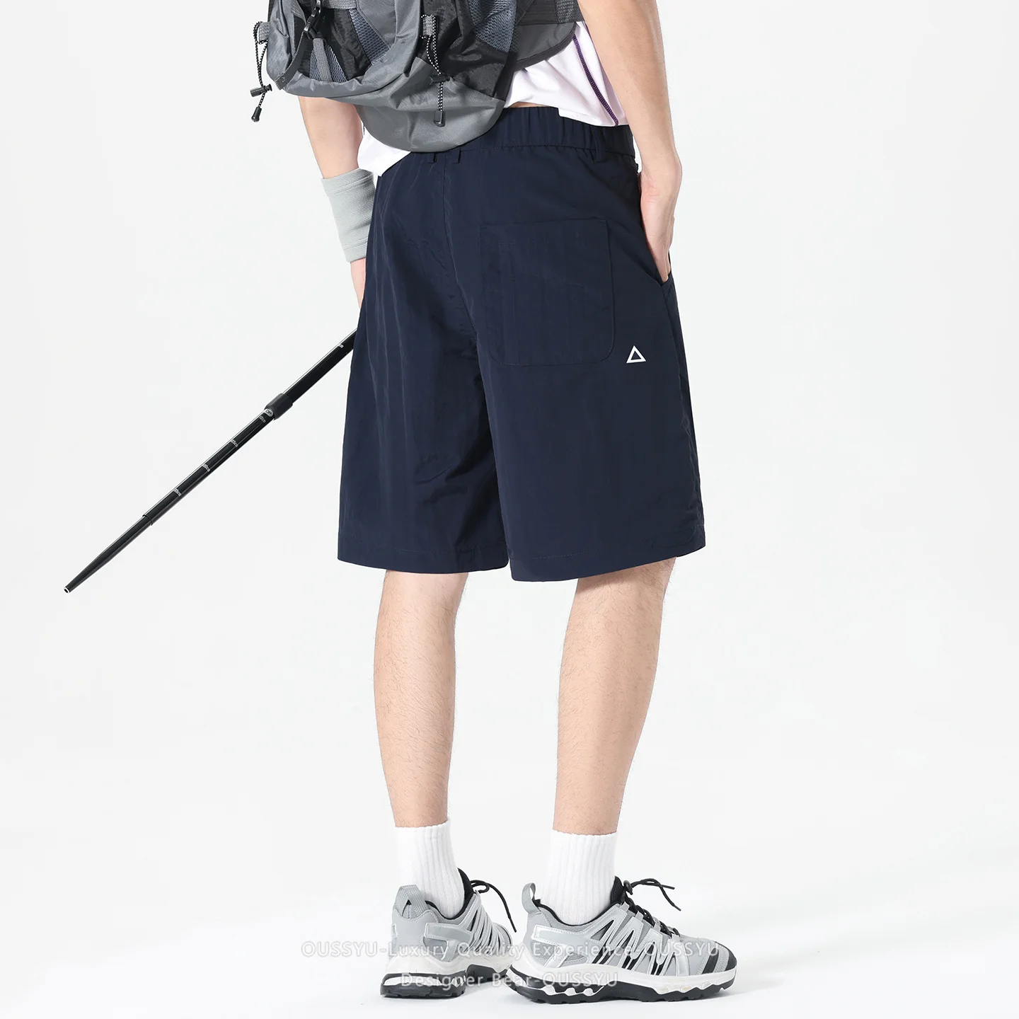Good Quality Summer Men's Ice Silk Quick-Dry Knee Shorts Baggy Fit Outdoor Casual Pants Man with Zipper Pocket & Triangle Logo