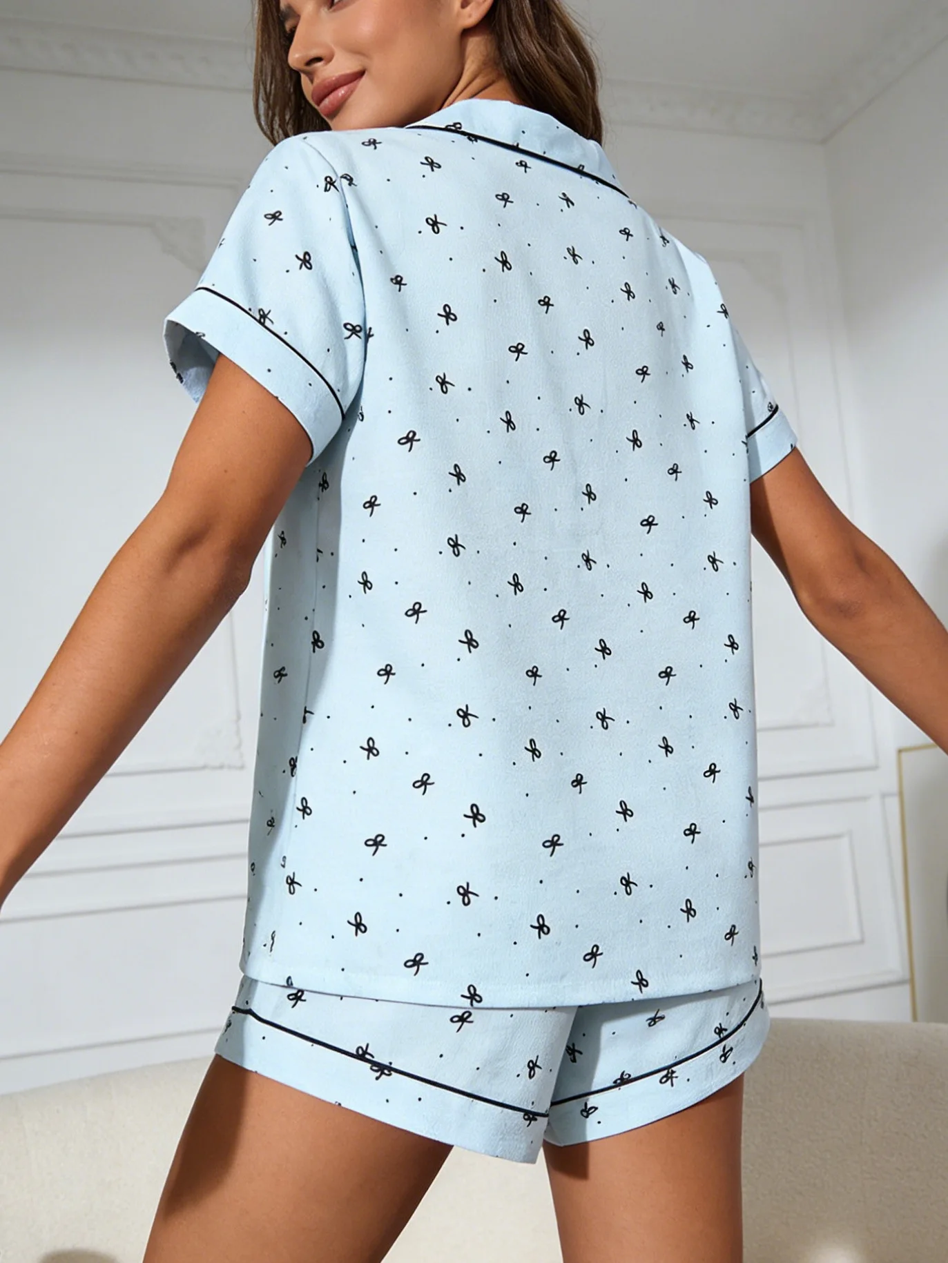 Women Pajamas Cardigan Lapel Short Sleeve Shorts 2 Piece Set Spring Summer Cute Bow Polka Dot Print Homewear Loungewear