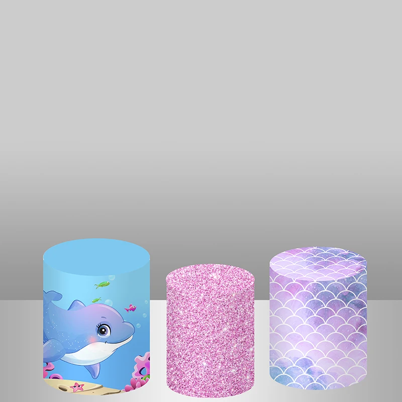 فتاة صغيرة حفلة عيد ميلاد الديكور راية صور تحت سطح البحر المرجان الموازين حورية البحر خلفية مستديرة دائرة الجدول Plinth غطاء