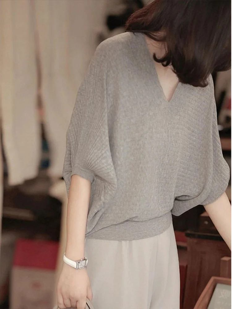 Loose Women's Grey V-Neck Batwing Sleeve Knitwear Casual Summer Top Commute Style Comfortable Fit Fashionable Loose Sweater