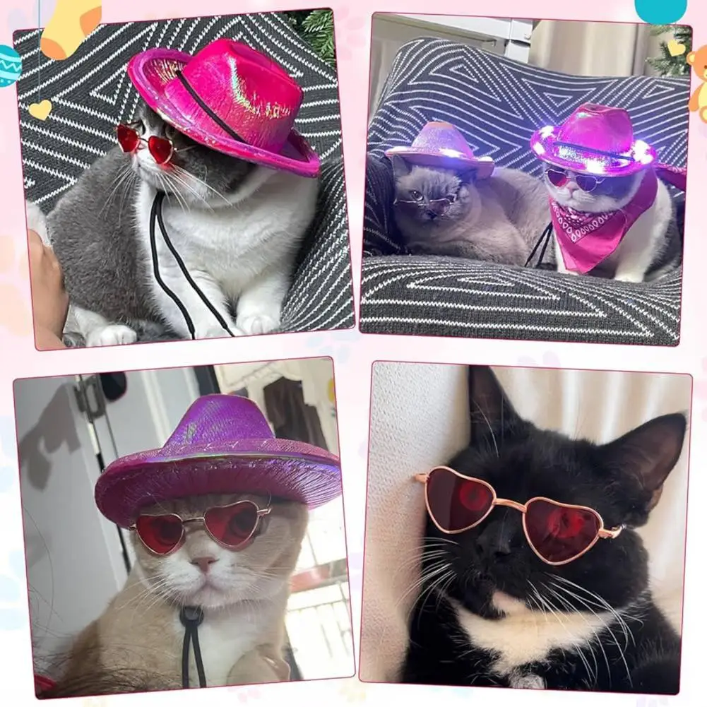 Cute Pet Photo Props Dog Western Cowboy Outfit Pet Cowboy Costume Set with Led Light Hat Heart Lens Glasses Lace-up Neck for Cat